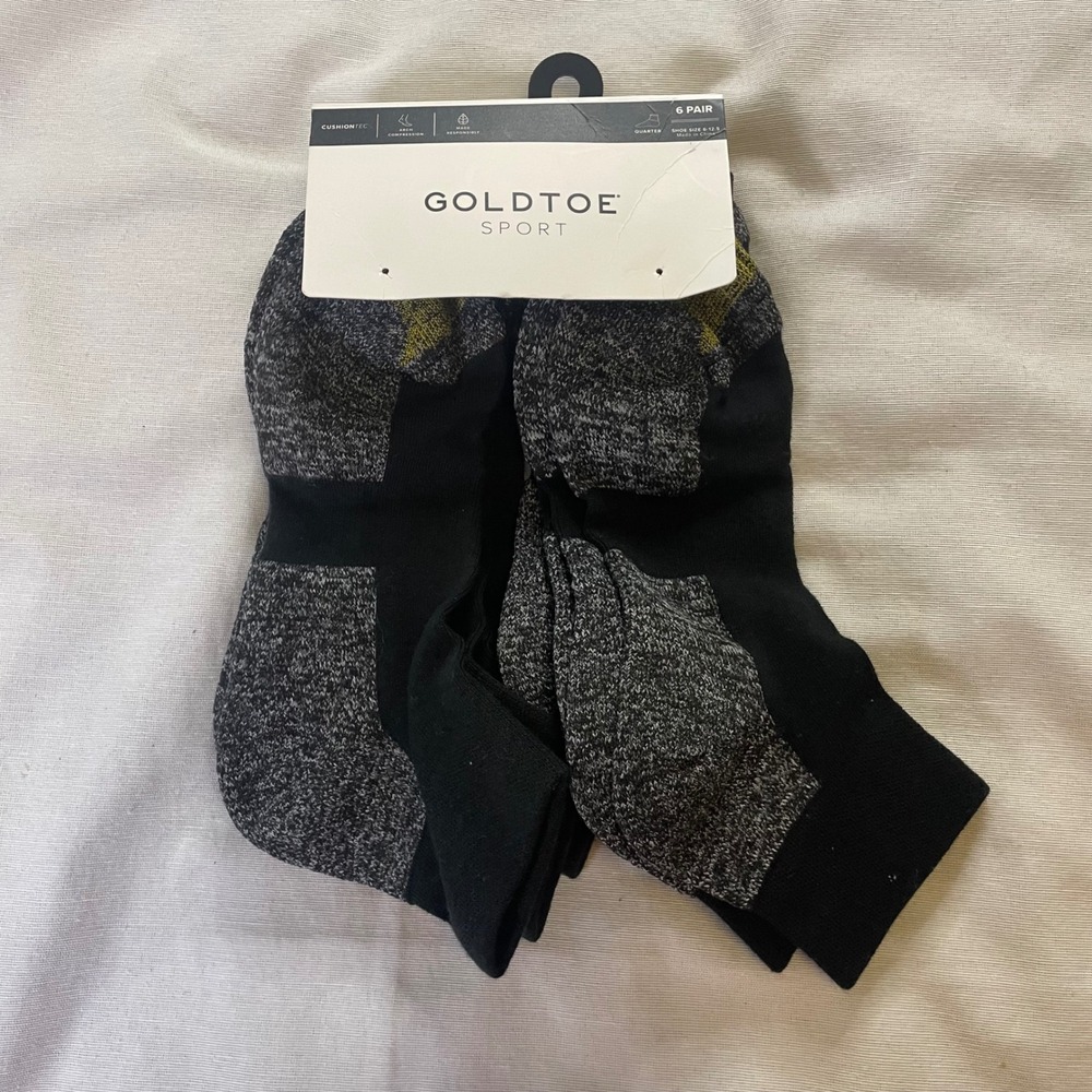 Goldtoe Sport Socks Mens 4-12.5 Black 4-Pack Quarter CushionTec Arch Compression